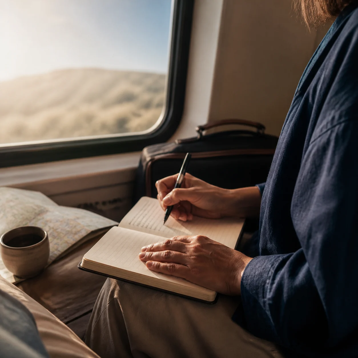 Pessoa anotando intenções de viagem em um caderno junto à janela